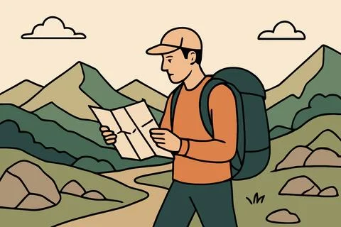 Man with backpack studying map in scenic mountain landscape Illustrazione stock