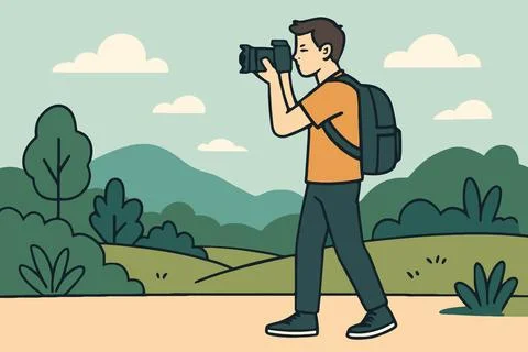 Man with backpack taking photos of scenic landscape with mountains Illustrazione stock