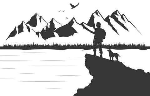 Man with backpack, traveller or explorer standing on top of mountain or cliff Stock Illustration