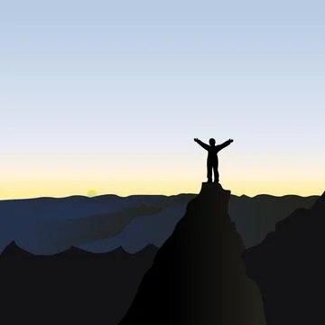 Man with backpack, traveller or explorer standing on top of mountain Stock Illustration