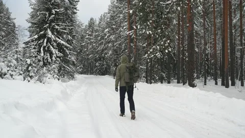A man with a backpack travels through the forest in winter. Stockbeeldmateriaal 168086933