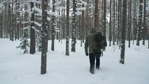 A man with a backpack travels through the forest in winter. 動画素材 168087228
