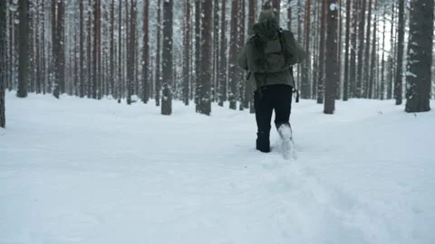 Man with a backpack travels through the forest in winter. Stockbeeldmateriaal 168094277