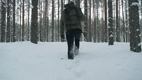 A man with a backpack travels through the forest in winter. Stockbeeldmateriaal 168094292