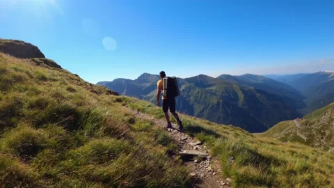 Man With Backpack Trekking On Mountain Landscape Stock Footage 156904750