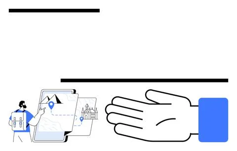 Man with Backpack Using Tablet for Navigation Near Large Hand Symbolizing G.. Stock Illustration