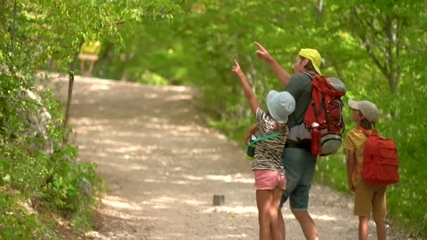 Man with backpack walking with boy and girl at road in mountains. Travel Stock Footage 139384293