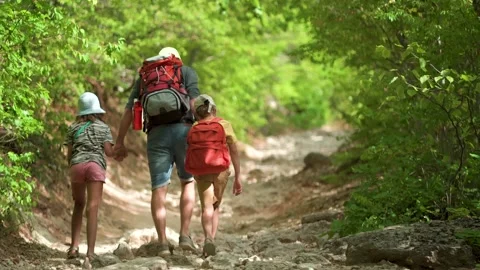 Man with backpack walking with boy and girl at road in mountains. Travel Stock Footage 144691583