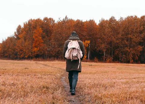 A man with a backpack walking in the forest Stock Photos