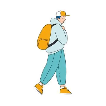 Man with Backpack Walking Looking Far at Something Interesting Vector Ilustración de archivo