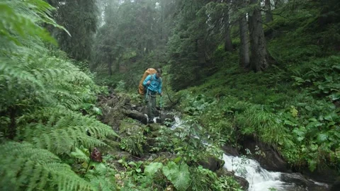 A man with a backpack walks down the mountains into a beautiful river landscape Stock Footage 228732027