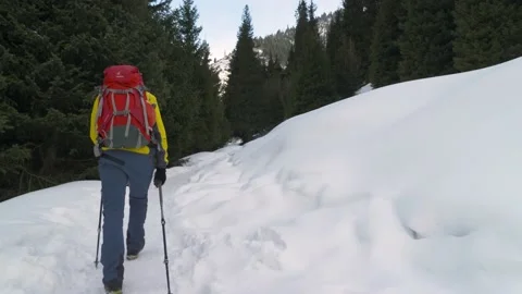 A man with a backpack walks outdoors in winter in the mountains Vidéo 233987296
