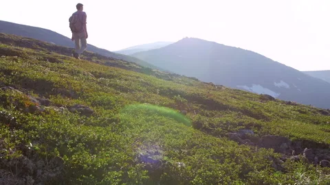 A man with a backpack walks through Alpine meadows high in the mountains  Stock Footage 135189221