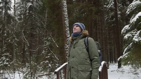 Man with backpack in a winter forest Stock Footage 80078743