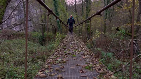 Man backpaking on the rope suspension bridge Stock Footage 220737630