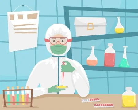 The man in the bacterial protection examines samples of the virus and develop 스톡 일러스트