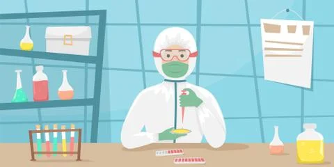 The man in the bacterial protection examines samples of the virus and develop 스톡 일러스트