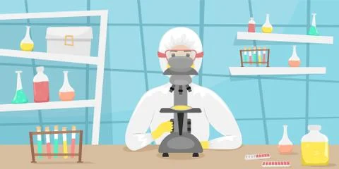 The man in the bacterial protection examines samples of the virus and develop 스톡 일러스트