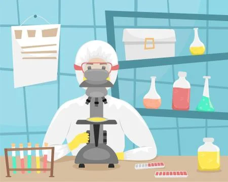 The man in the bacterial protection examines samples of the virus and develop 스톡 일러스트