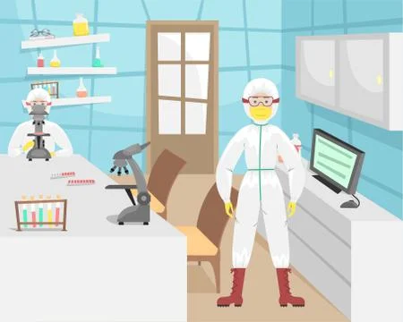 The man in the bacterial protection examines samples of the virus and develop Illustrazione stock