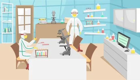 The man in the bacterial protection examines samples of the virus and develop Ilustración de archivo