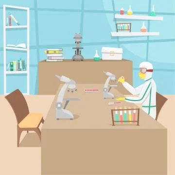 The man in the bacterial protection examines samples of the virus and develop Ilustración de archivo