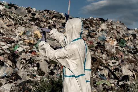 Man in bacteriological protective in a garbage. Open-air landfill. 库存照片