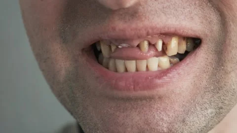 Man with bad diseased teeth affected by caries and periodontitis, smoker yellow Stock-Footage 261734952