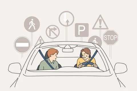 Man bad driver and panics driving car and gets confused with road signs due to Stock Illustration