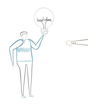Man with bad idea light bulb and rejected with thumbs-down, hand-drawn vector Stock Illustration