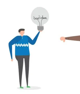 Man with bad idea light bulb and rejected with thumbs-down, hand-drawn vector Stock Illustration