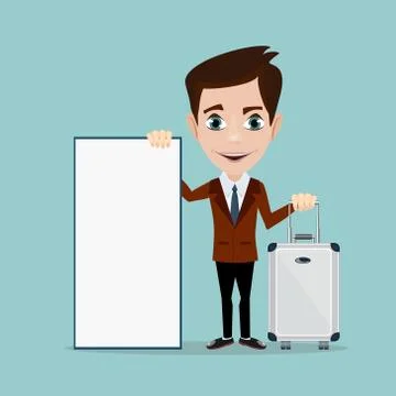 Man with bag and poster over background. Stock Illustration