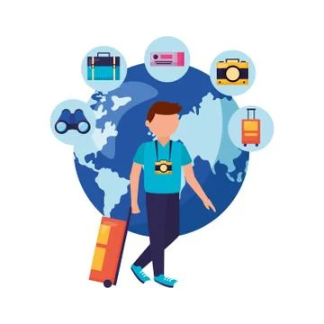 Man with bag camera world and icon set vector design Stock Illustration
