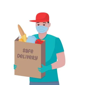 Man with bag full of prodycts vector isolated illustration. Shopping help. Fa Stock Illustration