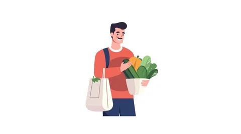 A man with a bag of vegetables in hand Stock Illustration