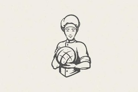 Man baker in chef uniform holding loaf of fresh bread working in bakery han.. Stock Illustration