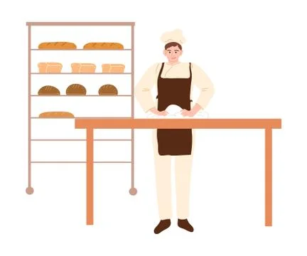 Man baker standing and making dough for baking bread in bakery vector 스톡 일러스트