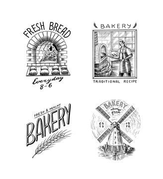 Man baker in uniform cooking bread in the oven. Long loaf or baguette. Engraved Stock-Illustration