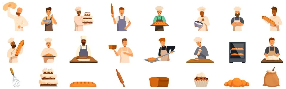 Man baking icons set. Bakers making bread and cakes using professional equipment Stock Illustration