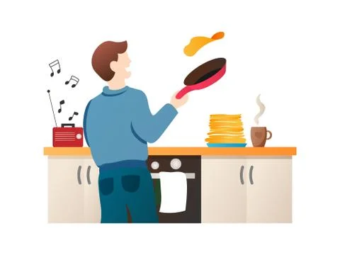 Man baking pancakes vector cartoon character. Guy making dinner isolated on Illustrazione stock