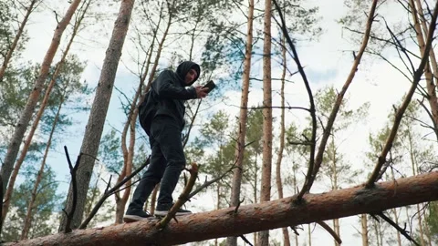A man balances on a fallen tree and looks for a cellular signal Stock Footage 191627523