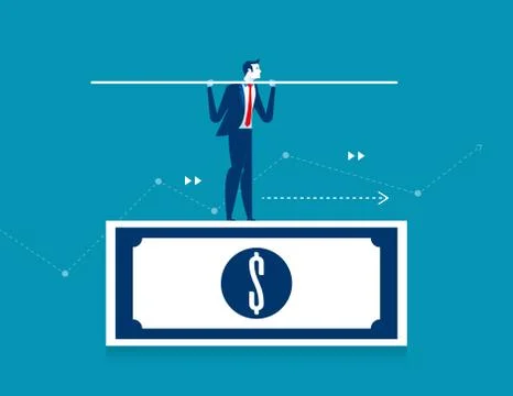 Man balancing on the dollar banknote. Concept business finance vector illustr Stock Illustration