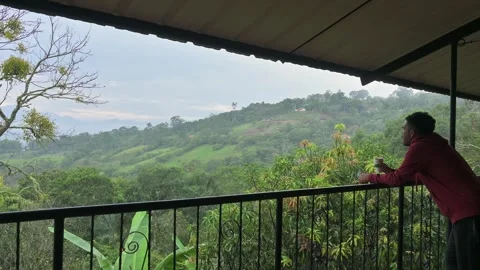 Man on Balcony Looking Over Lush Mountain Landscape 動画素材 330085211