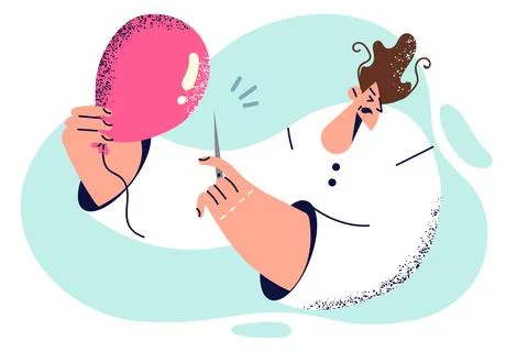 Man with balloon and sharp needle wants to make explosion to scare colleagues Stock Illustration