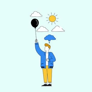 Man with Balloon Thinking of Rain Stock Illustration