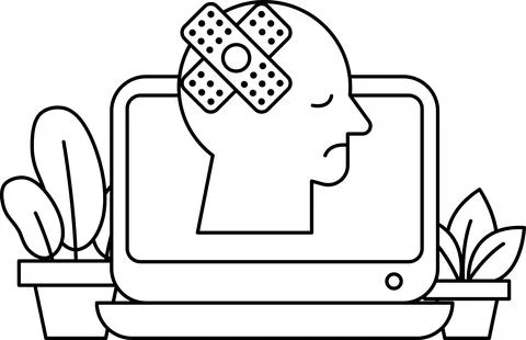 A man with a bandaged head is shown on a computer screen Stock Illustration