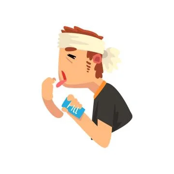 Man with a bandaged head taking some headache pills, migraine, health problems Illustrazione stock