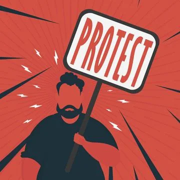 Man with banner and text Protest Pop art Cartoon style. Vector illustration. Stock Illustration