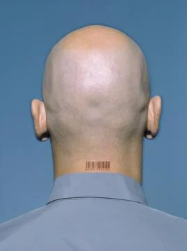 Man with barcode on the back of the neck, symbolizing human surveillance, Studio Stock-Fotos