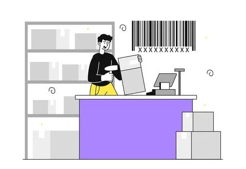 Man with barcode reader. Young guy scans qr code. Inventory and marketing Stock Illustration
